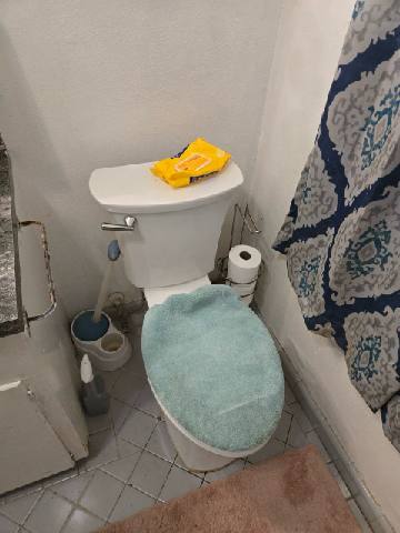 Dated bathroom before remodel with small grey floor tile, worn vanity trim and patterned shower curtain