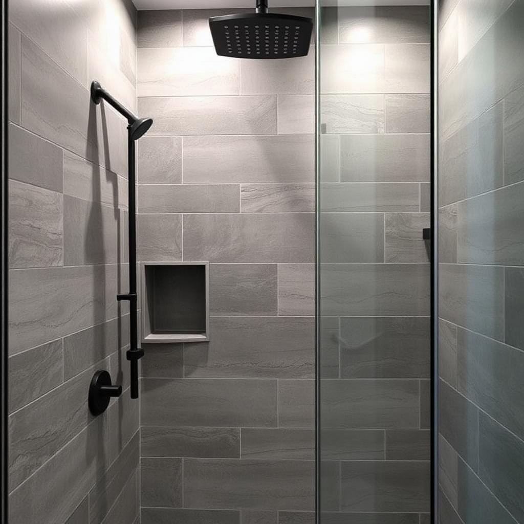 Walk-in shower remodel with large format tile and rainfall showerhead