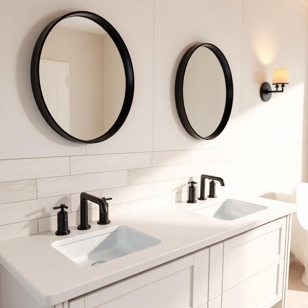 Double vanity with quartz countertop, black faucets and round mirrors